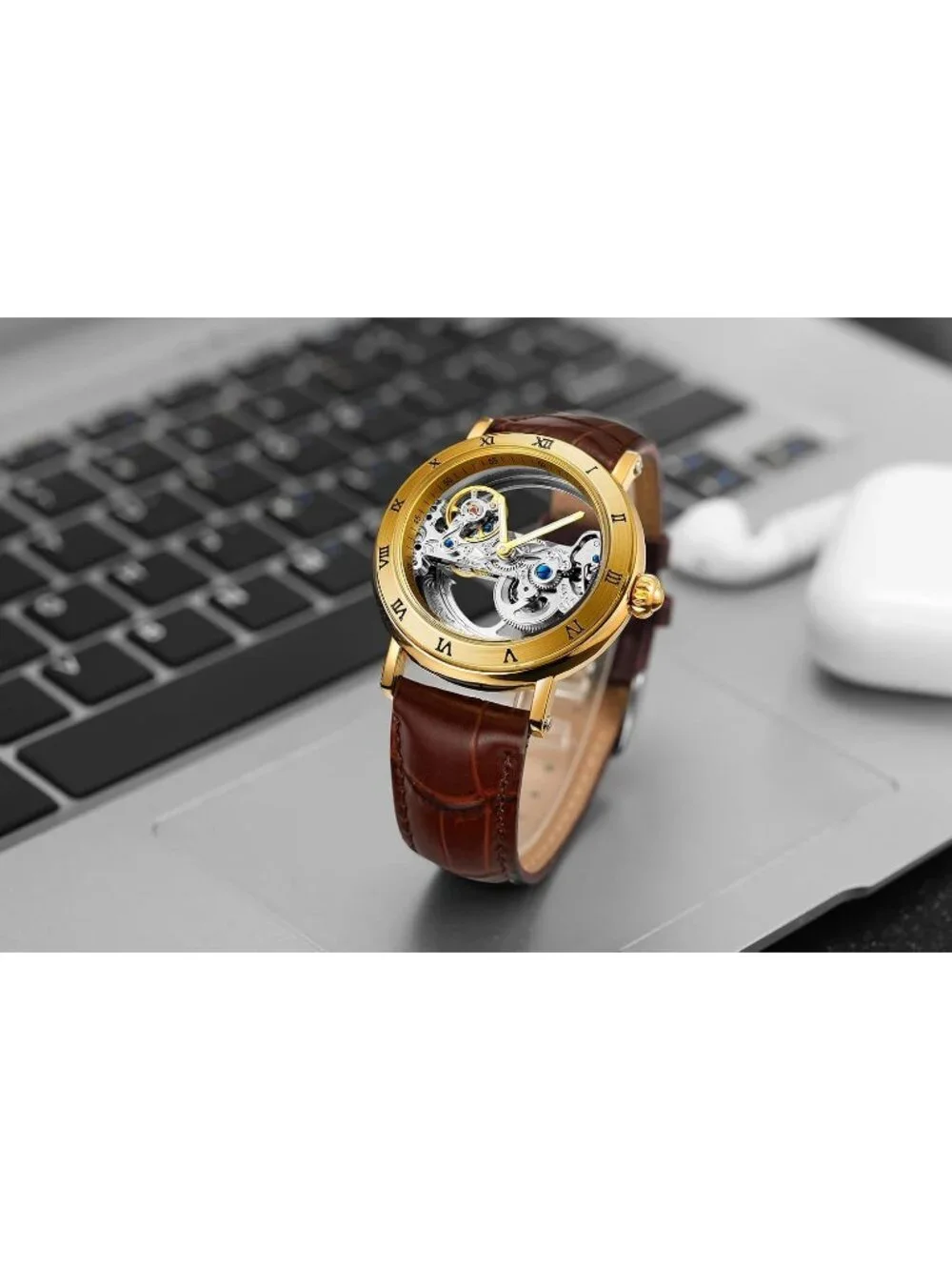 Men's Silver Brown Unique Design Automatic Genuine Leather Strap Skeleton Watch